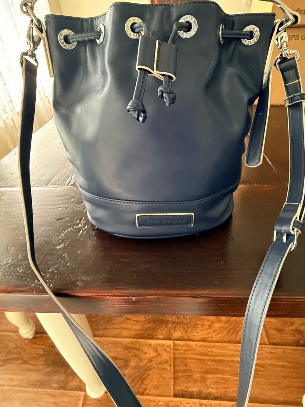 Vera Bradley NWOT Vegan leather Navy
Bucket/crossbody bag w/ 
Silver Hardware - Picture 4 of 13